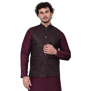 KRAFT INDIA Mens Embroidered Sequins Jacquard Nehru