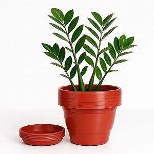 kraft seeds by 10club gamla pots with bottom plates - 5 pcs 8 inch red  garden planters with drain holes for home plants  outdoor balcony  drip tray pot  plastic pots with drainage holes
