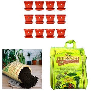 kraft seeds 12pcs plastic gamlaplanterpot with bottom platetray 8 inch amp 20kg vermicompost for all kinds of plants complete food for the soil amp vermicompost 5kg black gold