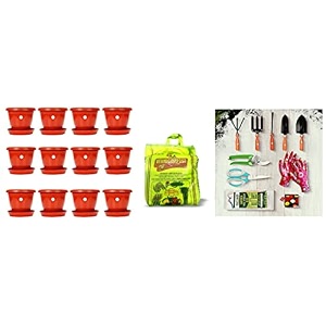 kraft seeds 12pcs plastic gamlaplanterpot with bottom platetray 8 inch amp premium gardening tools storage box for your home and garden amp vermicompost for all kinds of plants 5kg black gold