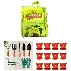 kraft seeds 12pcs plastic gamlaplanterpot with bottom platetray 8 inch amp 7pcs gardening hand tool kit for home gardening amp vermicompost for all kinds of plants 5kg black gold