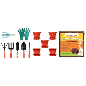 kraft seeds plastic gardening pot red 18 cm set of 5 amp cocopeat block agropeat powder for hydroponics plant for garden- 5kg approx amp gate garden top 5 spectacular gardening tools set