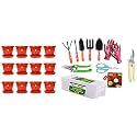 Kraft Seeds Plastic Pot with Bottom Plate, Red, 8 inch, Pack of 12 &amp; Garden Shears Pruners Scissor (Assorted) &amp; Premium Gardening Tools Storage Box