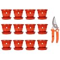 Kraft Seeds Plastic Pot with Bottom Plate, Red, 8 inch, Pack of 12 &amp; Pruning Shear Cutter for All Purpose Garden Use with Smart Lock (9.5cm, 9cm)