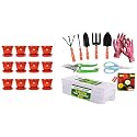 Kraft Seeds Plastic Pot with Bottom Plate, Red, 8 inch, Pack of 12 &amp; Premium Gardening Tools Storage Box for Your Home and Garden Gardening Tools Set with Gate Garden Spectacular Gardening Tools Set