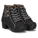 KRAFTER Women's Buckle Boots – Stylish Faux Leather High Ankle Boots for Winter &amp; Casual Wear – Comfortable &amp; Durable