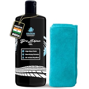 krakin tyre shine gel 500ml amp microfiber combo  gives tyre wet amp glossy look  tyre polish for zero dust attraction amp streak-free black finish