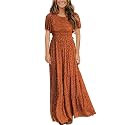 Kranda Women 2025 Summer Fall Crewneck Short Sleeve Smocked Floral Maxi Dress