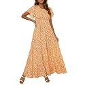 Kranda Women 2025 Summer Fall Crewneck Short Sleeve Smocked Floral Maxi Dress