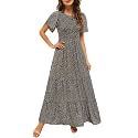 Kranda Women 2025 Summer Fall Crewneck Short Sleeve Smocked Floral Maxi Dress