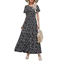 Kranda Women 2025 Summer Fall Crewneck Short Sleeve Smocked Floral Maxi Dress