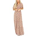Kranda Women 2025 Summer Fall Crewneck Short Sleeve Smocked Floral Maxi Dress