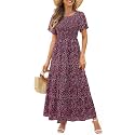 Kranda Women 2025 Summer Fall Crewneck Short Sleeve Smocked Floral Maxi Dress