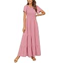Kranda Women 2025 Summer Fall Crewneck Short Sleeve Smocked Floral Maxi Dress