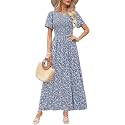 Kranda Women 2025 Summer Fall Crewneck Short Sleeve Smocked Floral Maxi Dress