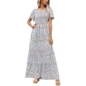 Kranda Women 2025 Summer Fall Crewneck Short Sleeve Smocked Floral Maxi Dress