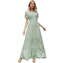 Kranda Women 2025 Summer Fall Crewneck Short Sleeve Smocked Floral Maxi Dress