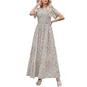 Kranda Women 2025 Summer Fall Crewneck Short Sleeve Smocked Floral Maxi Dress