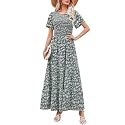 Kranda Women 2025 Summer Fall Crewneck Short Sleeve Smocked Floral Maxi Dress