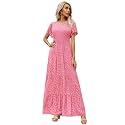 Kranda Women 2025 Summer Fall Crewneck Short Sleeve Smocked Floral Maxi Dress