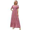 Kranda Women 2025 Summer Fall Crewneck Short Sleeve Smocked Floral Maxi Dress