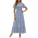 Kranda Women 2025 Summer Fall Crewneck Short Sleeve Smocked Floral Maxi Dress