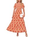 Kranda Women 2025 Summer Fall Crewneck Short Sleeve Smocked Floral Maxi Dress