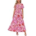Kranda Women 2025 Summer Fall Crewneck Short Sleeve Smocked Floral Maxi Dress