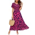 Kranda Women 2025 Summer Fall Crewneck Short Sleeve Smocked Floral Maxi Dress