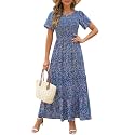 Kranda Women 2025 Summer Fall Crewneck Short Sleeve Smocked Floral Maxi Dress