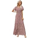 Kranda Women 2025 Summer Fall Crewneck Short Sleeve Smocked Floral Maxi Dress