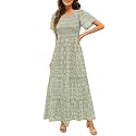 Kranda Women 2025 Summer Fall Crewneck Short Sleeve Smocked Floral Maxi Dress