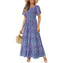 Kranda Women 2025 Summer Fall Crewneck Short Sleeve Smocked Floral Maxi Dress