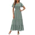 Kranda Women 2025 Summer Fall Crewneck Short Sleeve Smocked Floral Maxi Dress