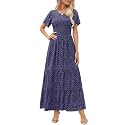 Kranda Women 2025 Summer Fall Crewneck Short Sleeve Smocked Floral Maxi Dress