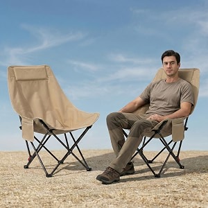 kraptick foldable camping moon chair with high back  lightweight portable outdoor folding chair with carry bag amp side pocket  heavy duty x-frame for balcony garden hiking amp travel khaki