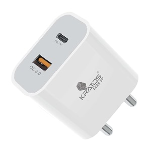 kratos power pq1 45 w charger adapter dual port usb  type c supports pd charging via type c port compatible with smartphones tablets amp smartwatch fast charger type cwhite