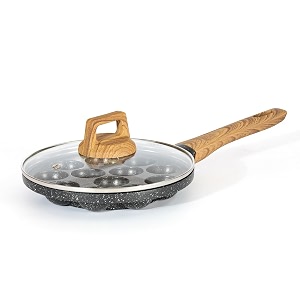 kreme cerastone granite nonstick appam maker pan with glass lid 12 cavity holes wooden finish handle 89 inch diameter made in india induction compatible pfoa free black