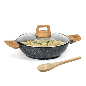 kreme cerastone granite nonstick kadai with glass lid 25 litre wooden spoon made in india induction compatible pfoa free black