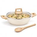 Kreme CeraStone Granite Nonstick Kadai with Glass Lid, 2.5 Litre, Wooden Spoon, Made in India, Induction Compatible, PFOA Free, Ivory