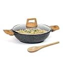 Kreme CeraStone Granite Nonstick Kadai with Glass Lid, 2.5 Litre, Wooden Spoon, Made in India, Induction Compatible, PFOA Free, Black