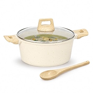 kreme cerastone ultra granite nonstick casserole pot with glass lid 44 litre wooden spoon superior granite non stick performance made in india induction compatible pfoa free ivory