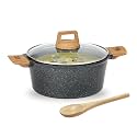 Kreme CeraStone Ultra Granite Nonstick Casserole Pot with Glass Lid, 4.4 Litre, Wooden Spoon, Superior Granite Non Stick Performance, Made in India, Induction Compatible, PFOA Free, Black