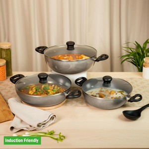 kreme deluxe 3mm kadai 25l  35l  45l induction bottom non-stick coated cookware set aluminium 3 - piece