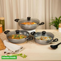 Kreme DELUXE 3mm Kadai 2.5L + 3.5L + 4.5L Induction Bottom Non-Stick Coated Cookware Set (Aluminium, 3 - Piece)