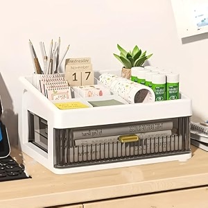 kreps desk makeup organizer plastic storage box with sliding drawer stylish display case for cosmetics lotion nail polishbrushesand jewelry white 2 - layer