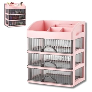 kreps desk makeup organizer plastic storage box with sliding drawer stylish display case for cosmetics lotion nail polishbrushesand jewelry 1 pink 3 - layer