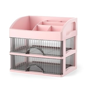 kreps desk makeup organizer plastic storage box with sliding drawer stylish display case for cosmetics lotion nail polishbrushesand jewelry 1 pink 2 - layer