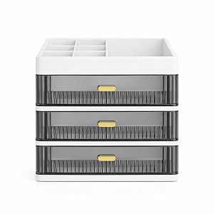 kreps desk makeup organizer plastic storage box with sliding drawer stylish display case for cosmetics lotion nail polishbrushesand jewelry white 3 - layer