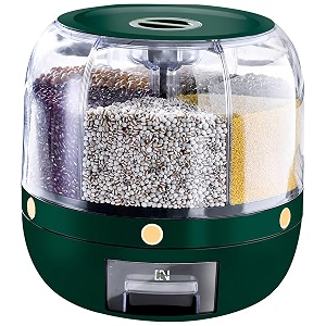 krevia plastic 6-grid round food dispenser  360 rotating food bucket transparent rice storage container  rotatable dry food fruit cereal storage box container with lid for home and kitchen green